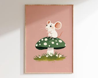Impresión de arte mural de ratón sobre hongo / Póster infantil caprichoso / Ilustración de animal del bosque con fondo rosa / Descarga digital instantánea
