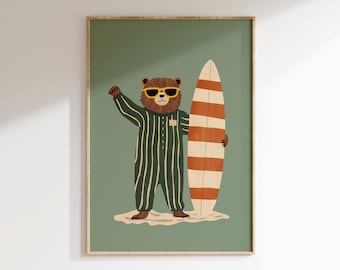 May include: A framed art print featuring a cartoon bear wearing sunglasses and a striped jumpsuit, holding a surfboard. The surfboard has orange and white stripes. The background is a muted green color.