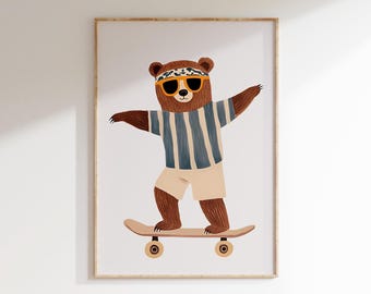 May include: A brown bear wearing sunglasses and a bandana is skateboarding. The bear is wearing a blue and white striped shirt and beige shorts. The skateboard is brown with yellow wheels.