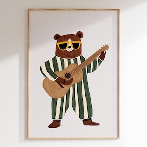 Impresión de oso con guitarra retro / Arte mural de animales genial para habitación infantil / Decoración musical para guardería / Póster para habitación de niño / Descarga digital imprimible