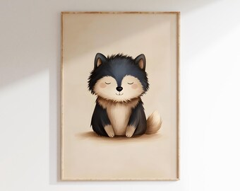 Vreedzame babywolfprint | Muurkunst schattige jongenskamer | Blauw en crèmekleurige kinderkamerdecoratie | Afdrukbare bosdieren | Digitale download