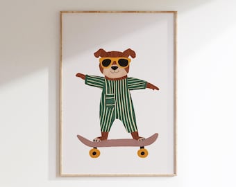 Skateboarding Dog  - Wall Art for Kids - Green & Beige Retro Print (Digital Download)