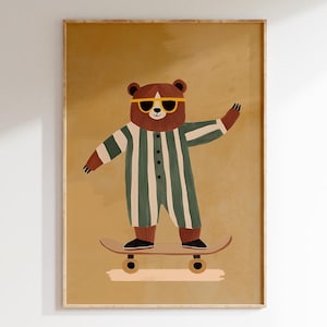 Skateboarding Bear Gold Background Print | Retro Brown Bear Wall Art | Fun Animal Kids Room Decor | Nursery Printable Art | Instant Download