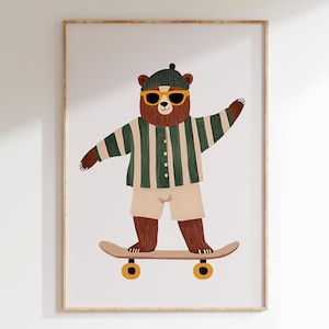 Retro Skateboarding Bear | Cool Kids Room Wall Art Print | Striped Green Shirt | Playful Fun Children’s Decor | Printable | Instant Download