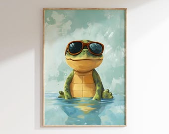 Coole Schildkröte Wandkunst | Süßer Tierdruck | Spaß Kinderzimmer Dekor | Digitale Kunst Illustration | Sofortdownload | Swaggy Chill Hipster | Wasser