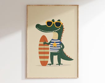 Könnte beinhalten: Ein grünes Alligator, das eine gelbe Sonnenbrille und ein blau-weiß gestreiftes Hemd mit einem gelben Stern trägt, hält ein rot-oranges Surfbrett.