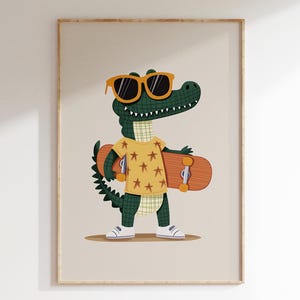 Arte de pared con monopatín de cocodrilo genial / Estampado de animales para habitación de niños / Decoración de habitación infantil de género neutro / Póster de cocodrilo para sala de juegos