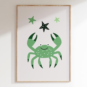 Leuke vrolijke groene krabmuurprint | Salie en beige kinderdagverblijf aan de kust | Minimalistische oceaandierenposter | Kinderkamerkunst | Digitale download