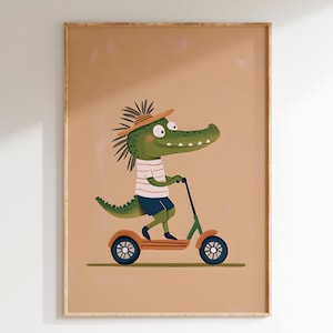 Cute Hipster Alligator Crocodile on Scooter | Eclectic Nursery Wall Print | Colorful Kid&#39;s Room Wall | Fun Animal | Art Printable