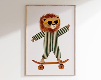 León patinando - Arte mural infantil - Impresión retro verde y beige (descarga digital)