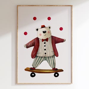 Vintage Circus Bear Wall Art Print | Whimsical Nursery Decor | Retro Juggling Bear on Skateboard | Red Kids Room Poster | Digital Download