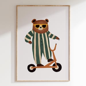 Retro Bear on Scooter Print | Whimsical Animal Nursery Art | Playful Kids Room Decor | Vintage-Inspired Printable Art | Digital Download