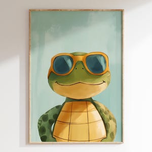 Cool Turtle Summer Print | Cute Cartoon Animal Wall Art | Zabawna dekoracja pokoju dziecięcego | Sztuka plażowego pokoju dziecięcego | Pobieranie cyfrowe