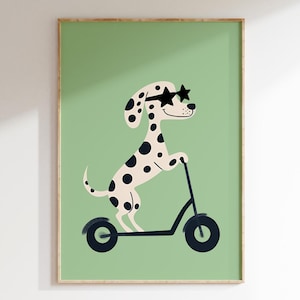 Scooter Dalmatian Wall Art | Cool Dog Puppy Print for Kids Room | Sage Green Neutral Nursery Decor | Sunglasses Poster | Digital Download