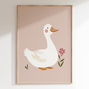 Minimalist Goose Wall Art Print | Cute Vintage Goose with Flower | Pink Nursery Animal Poster | Pastel Farmhouse Kids Room | Download
