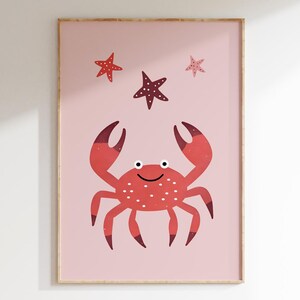 Minimalistische krabmuurkunst | Schattige zee-oceaandierenprint voor kinderkamer | Zeester kinderkamerdecoratie | Pastelroze zeedieren | Digitale download