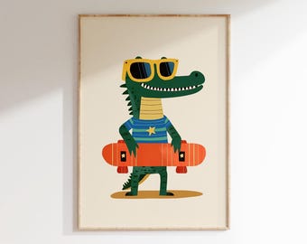 May include: A green alligator wearing yellow sunglasses and a blue and white striped shirt holds a red skateboard.