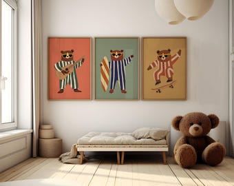 Skateboarding Bear - Wall Art for Kids - Set of 3 - Play, Surf & Skate (Digital Download)
