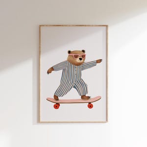 Retro Skateboarding Bear Print | Vintage Animal Wall Art | Kids Room Decor | Playful Nursery Print | Digital Download | Cool Kids Wall Art