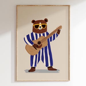 Arte de pared con guitarra de oso retro / Imprimible para habitación infantil en azul y beige / Decoración moderna para habitación infantil / Descarga digital / Póster de animales con música de guitarra acústica