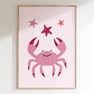 Pink Crab Wall Art Print | Soft Ocean Nursery Decor | Minimalist Cute Sea Animal Poster | Starfish | Girl&#39;s Room | Instant Download