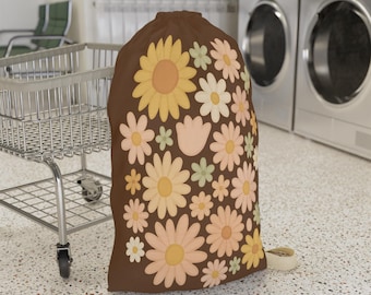 Boho Pastel Flowers Laundry Bag, Daisy Floral Pattern Hamper, Laundry Room Decor, Gift for Her, Eco-Friendly Storage Basket, Wash Day