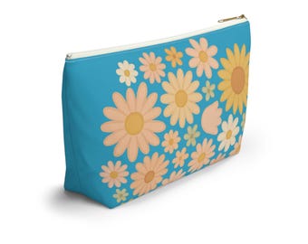 Boho Daisy Accessory Pouch w T-bottom, Travel Case, Luggage Cover, Blue Background, Gift for Travelers, Floral Print Bag