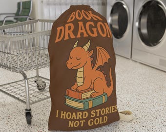 Book Dragon Laundry Bag, Cute Laundry Tote, Gift for Book Lovers, Cartoon Dragon Design, Cozy Storage Bag, Creative Hamper