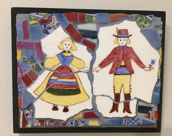 Colonial Couple Mosaic on Wood - ready to hang - Valentines Day gift!