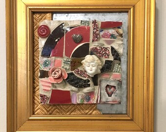 Upcycled Art - Mosaic Framed 7 x 7 inches - pique assiette love - Valentines Day gift