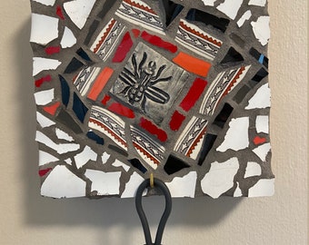 Mosaic wall hanging with hook for fly swatter -  handmade and upcycled!