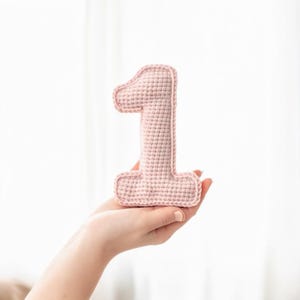 Puede incluir: Un número uno de crochet rosa. El número se sostiene en una mano.