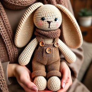 May include: A crocheted bunny toy wearing brown dungarees and a brown scarf. The bunny has large ears, brown eyes, and a small pink nose.
