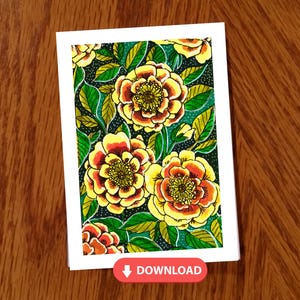 Cartão de felicitações para impressão 6"x4" Flores amarelas Floral dobrado Cartão postal Folclórico Desenho Presente com Envelope Arte Download Sunny Inspiration