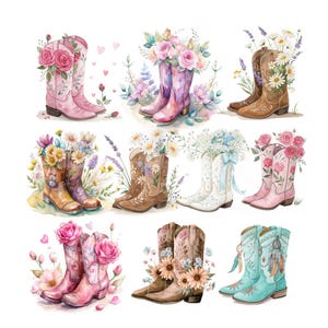 Könnte beinhalten: Aquarellillustration von neun Paar Cowboy-Stiefeln, die jeweils mit Blumenarrangements verziert sind. Die Stiefel sind in verschiedenen Farben gehalten, darunter Rosa, Braun und Türkis, und sind mit Rosen, Gänseblümchen und anderen Wildblumen verziert. Der Hintergrund ist weiß.
