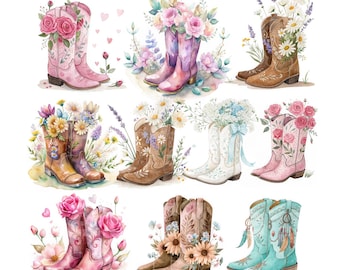 Watercolor Cowgirl Boots PNG: Wildflower Western Clipart (Digital Download, 300 DPI, 2000x2000 px)