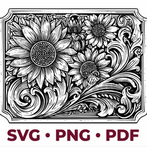 May include: A black and white rectangular graphic illustration featuring two large sunflowers and intricate swirling floral scrollwork patterns enclosed within a decorative border. The text SVG • PNG • PDF is printed in dark red at the bottom.