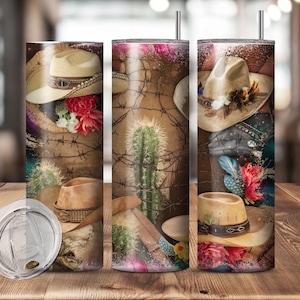 Tumbler Wrap rustico Western da 20 once – Cappello da cowboy, filo spinato, cactus e collage di pelle – Carta strappata, stampa a sublimazione senza soluzione di continuità PNG