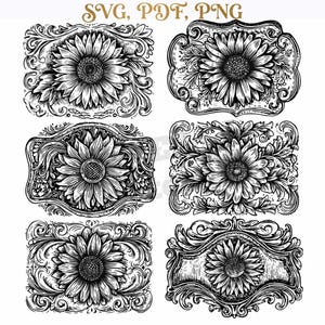 Può includere: Una collezione digitale di sei illustrazioni di girasoli in bianco e nero, ciascuna incorniciata da intricati motivi a volute e filigrana. Il testo SVG, PDF, PNG è visualizzato in alto. Questi design grafici presentano dettagliati motivi floreali.