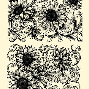 May include: A black and white graphic illustration featuring two rectangular panels filled with detailed sunflower blossoms and intricate swirling vine patterns. The design is set against a solid light cream background, showcasing high-contrast botanical line art.