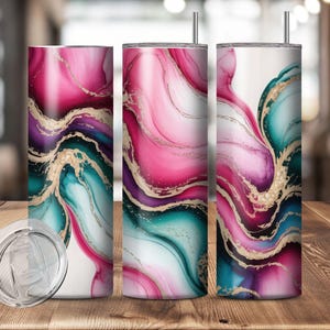 Alcohol Ink Marble Tumbler Wrap 20oz | Pink Teal Gold Glitter Abstract Seamless PNG for Sublimation