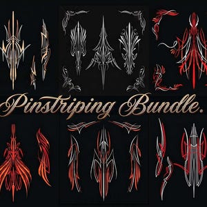 Può includere: Una collezione digitale di disegni di pinstriping con intricati motivi a linee simmetriche in rosso, bianco e oro metallizzato su sfondo nero. Il testo Pinstriping Bundle è centrato con un carattere corsivo al centro dell'immagine.