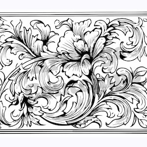 May include: A rectangular black and white line art illustration featuring a central floral motif surrounded by intricate scrolling acanthus leaves and foliage. The design is enclosed within a double-lined rectangular border frame.