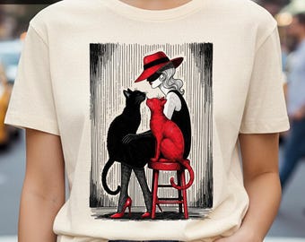 Popkonstkvinna med katter PNG, svart och röd kattmamma (digital nedladdning)