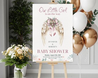 Välkomstskylt för babyshower för flicka, rosa blommiga änglavingar (digital nedladdning)