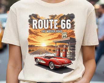 Route 66 klassisk bil PNG, veteranbensinstation, roadtrip i solnedgången (kommersiellt bruk)
