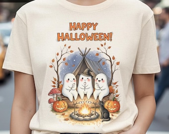 Söta spöken Halloween-camping PNG, kawaii svart kattdesign (digital nedladdning)