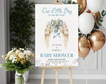 Blå blommiga änglavingar babyshower-välkomstskylt (digital nedladdning)