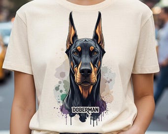 Dobermann Pinscher PNG, konstnärlig akvarellstänk, T-shirtdesign (digital nedladdning)