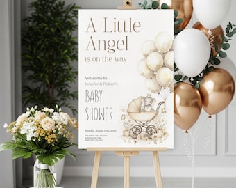 Boho babyshower-välkomstskylt: Moses-korg och nallebjörn (utskrivbar mall)